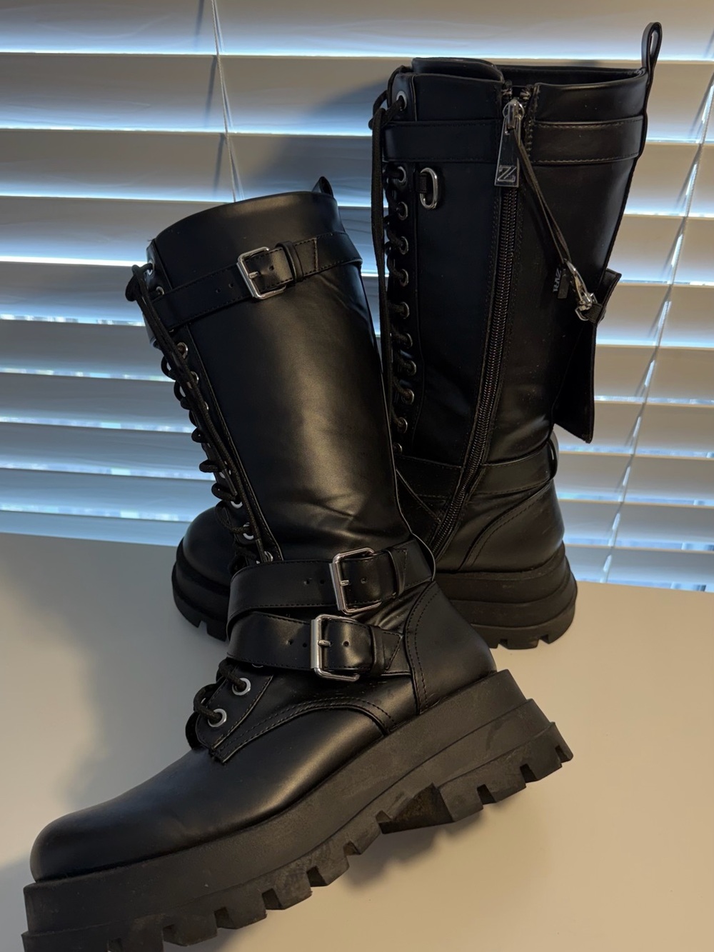 Zara Black Buckle Lug-Sole Combat Boots for Women